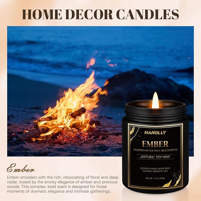 Ember Hotel Candle, 9 oz Scented Candles for Home Soy Candle Wax, Inspired by The Baccarat Hotels, Luxury Long Lasting Aromatherapy Jar Candle Gifts for Men Women