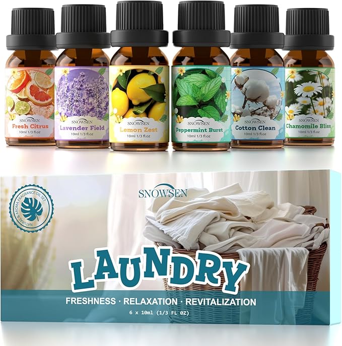Laundry Fragrance Oils Set, SNOWSEN Clean Essential Oils for Diffuser, Wool Dryer Balls, Cotton Clean, Chamomile Bliss, Fresh Citrus, Lavender Field,Peppermint Burst, Lemon Zest, Freshie Scented Oil