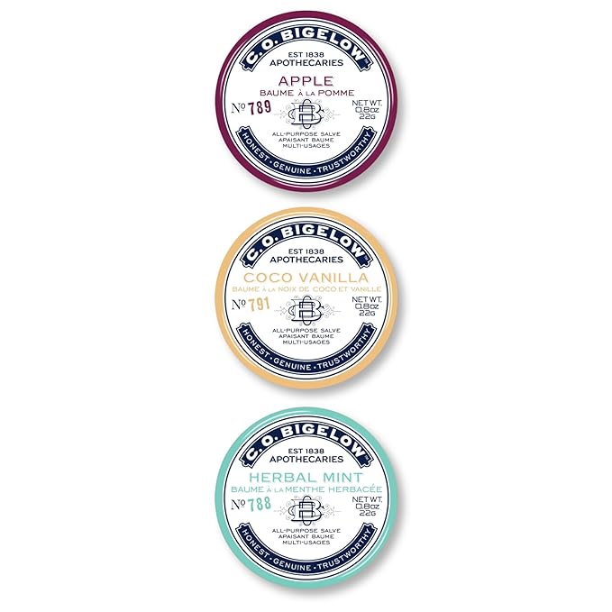 C.O. Bigelow Assorted Salve Tins, Pack of 3 Lip Balm Tins, Coco Vanilla, Apple, and Herbal Mint All Purpose Salve for Lips, Cuticles, Hands & Dry Skin, Lip Balm Set, 0.8 oz