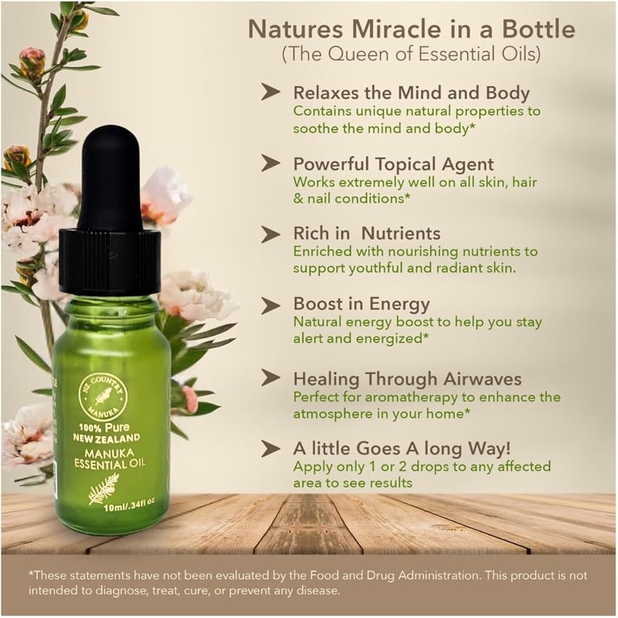 100% Pure New Zealand Manuka Oil | Organic Essential Oil | 35x Stronger Than Tea Tree | Natural Skin Care | Toenail Treatment | Diffuser | Aromatherapy | Nails | Hair | Skin | Lips