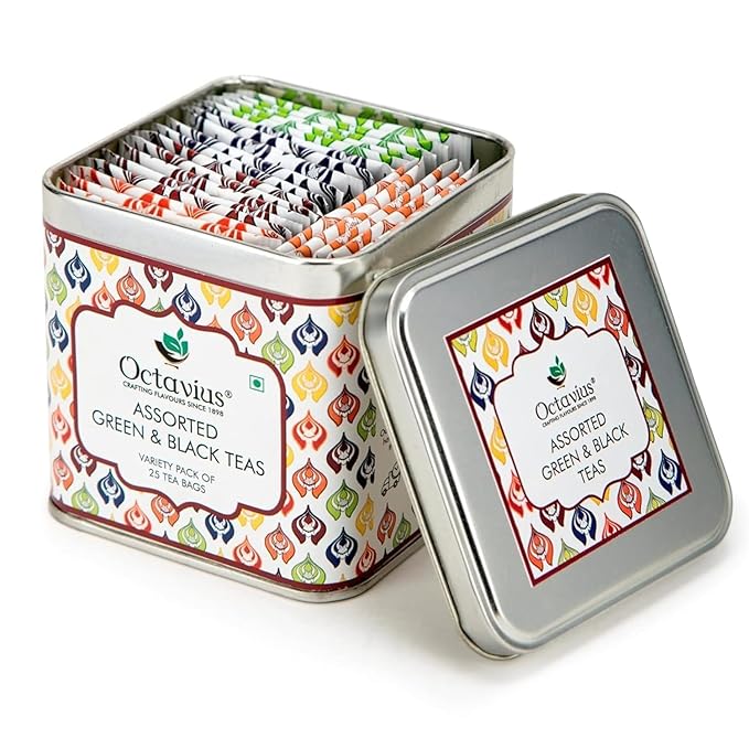 Octavius Tea Variety Pack – 25 Teabags | 6 Assorted Black & Green Teas | Premium Tea Sampler Box | Refreshing & Aromatic | Pack of 1