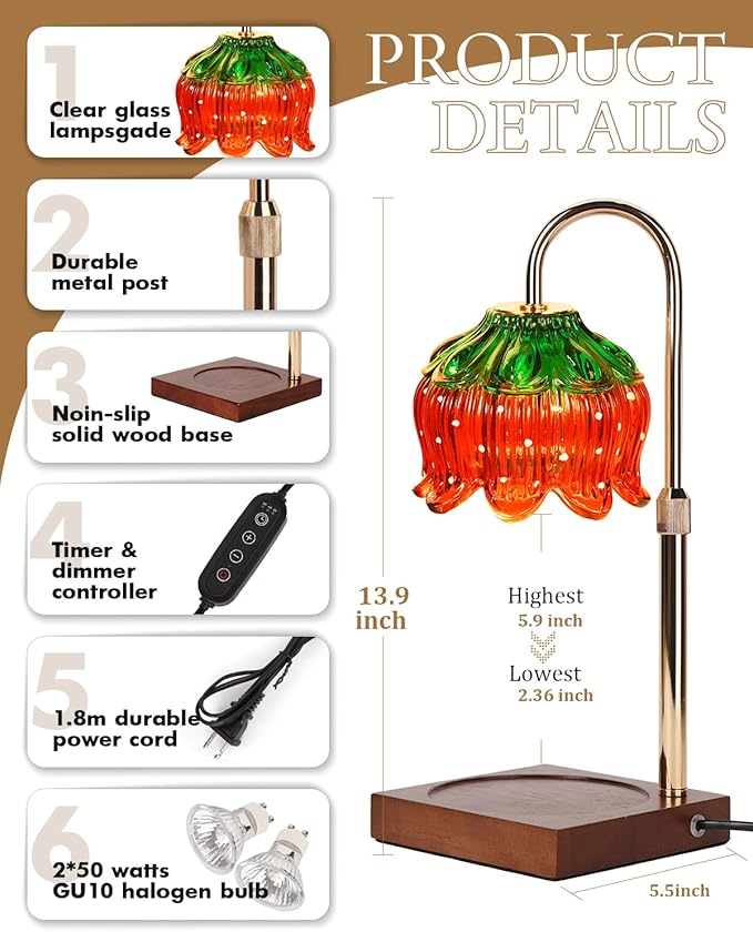 Candle Warmer Lamp with Timer Dimmable, Height Adjustable Birthday Gifts for Women Mom House Warming, Home Decor, Lotus Flower Candle Lamp Warmer 2 Bulbs Inc (Strawberry)