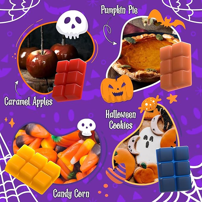 Halloween Scented Wax Melts, Scented Soy Wax Cubes Set for Caramel Apples, Pumpkin Pie, Candy Corn, Halloween Cookies, Chocolate Bars, Popcorn Balls, Caramel Corn, Halloween Gummy Candies