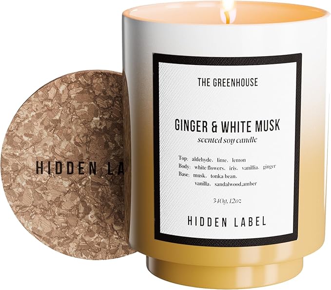 Hidden Label Ginger & White Musk Soy Candle, 12oz/75-Hour Burn Time, 100% Natural Soy Wax, Aromatherapy Candle for Stress Relief, Meditation, Yoga & Relaxation