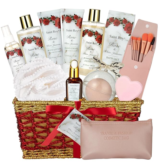 Bath & Body Gift Set, Luxury Christmas Gifts for Women, Home Spa Bath Gift Basket, Rose Jasmine bath basket, Pamper Gifts for Women Teens, 15 Pcs Relaxing Home Bath Spa Kit beauty sets, Mother's Gifts