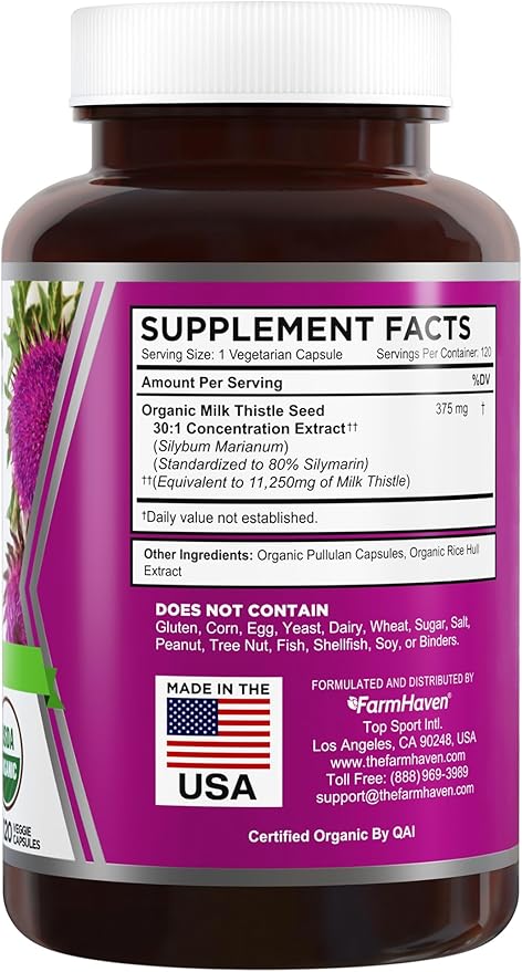 FarmHaven USDA Organic Milk Thistle Capsules |30X Concentrated Seed Extract & 80% Silymarin Standardized - Supports Liver Function and Overall Health | Non-GMO | 120 Veggie Capsules