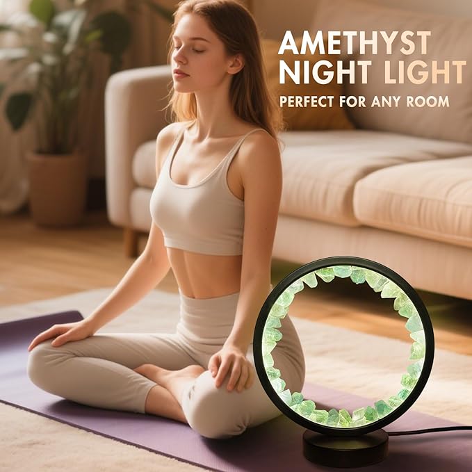 Healing Crystal Bedside Lamp,3 Colors Ambient Night Light,USB Dimming Crystal Table Lamp,Natural Energy Crystal Decor for Bedroom Home Dating Gift (Green, Circle)