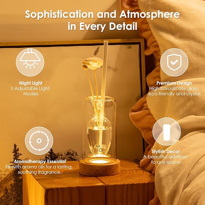 Empty Fragrance Glass Reed Diffuser Bottles with 5pcs Reed Diffuser Sticks,Luminous Base,Decorative Flower Bud Fragrance Accessories Use for DIY Replacement Reed Diffuser Sets,Elliptical