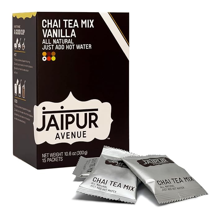 Jaipur Avenue Vanilla Chai Tea Mix Crafted with All-Natural Assam Black Tea, Vanilla, Cane Sugar, and Premium Dry Milk - Preservative-Free, Gluten-Free, Authentic Indian Chai Tea Latte (15 Servings)