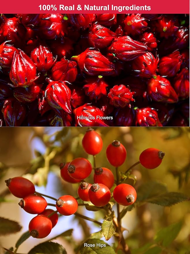TeeLux Rosehip & Hibiscus Tea Bags, 2.5g/bag, Slight Tart Taste & Fruity Flavor, Caffeine Free, 60 Count