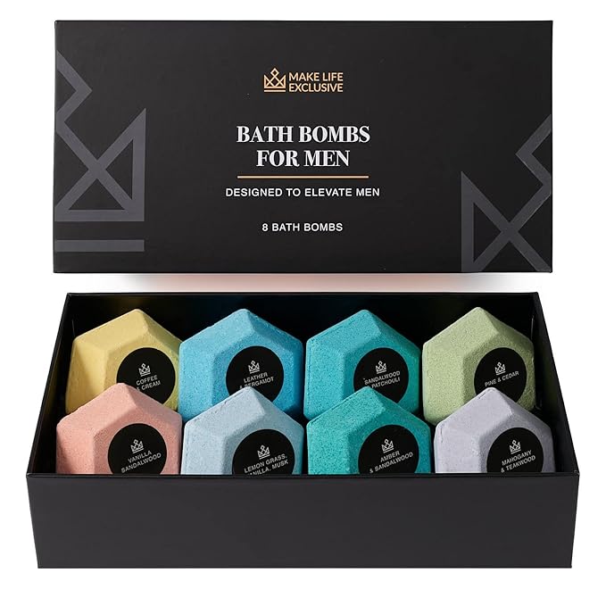 Bath Bombs for Men, Diamond Shape, Gifts for Men, 8 Large 5oz Bombs, 100% Natural Products & Essential Oils, Soak in, Bubble Bath