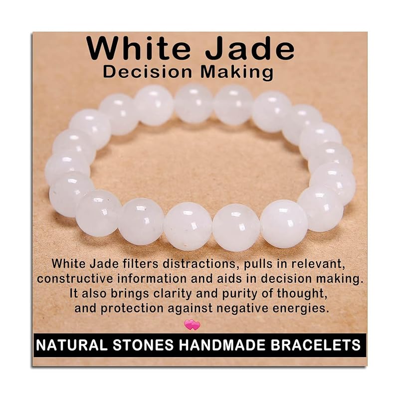 AD Beads Handmade Gemstone Stretch Elastic Bracelet Crystal Healing Reiki Nature's Beauty and Spiritual Essence Unisex (10mm, White Jade (Decision Making))