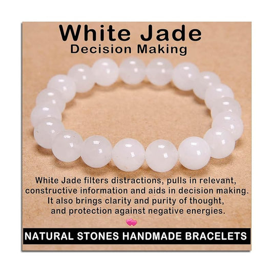 AD Beads Handmade Gemstone Stretch Elastic Bracelet Crystal Healing Reiki Nature's Beauty and Spiritual Essence Unisex (10mm, White Jade (Decision Making))