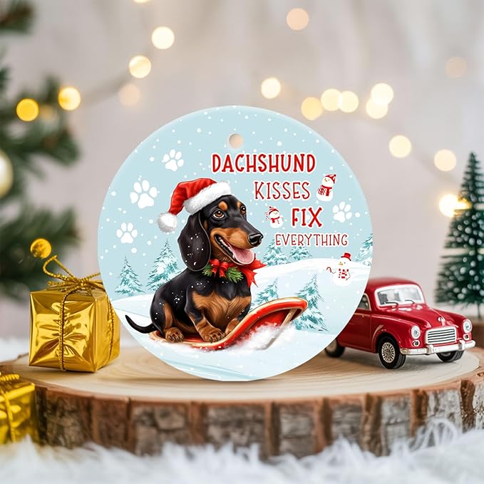 34HD Dachshund Skiing Gifts for Christmas, Dachshund Kisses Fix Everything Christmas Ornament for Tree 2025 Ceramic 2-Side Printed, Dog Lover Gifts for Men Women