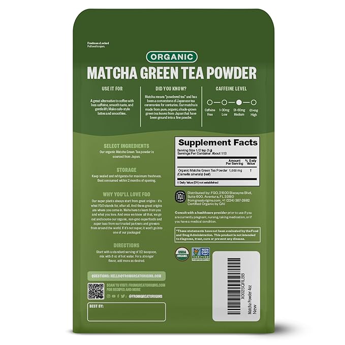 FGO Organic Matcha Green Tea Powder, Japanese Culinary Grade for Cooking, Baking, and Smoothies, 4 Ounce Resealable Bag, Packaging May Vary (Pack of 1)