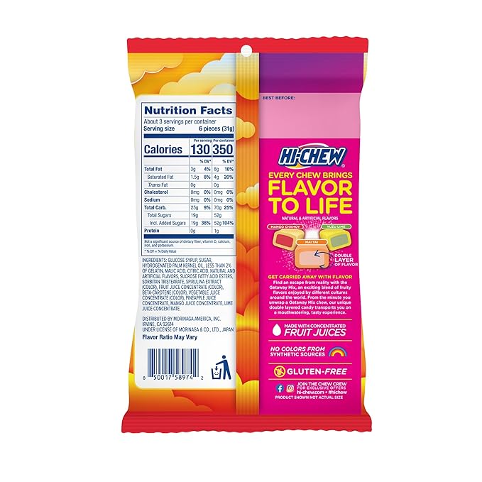 HI-CHEW Getaway Mix, Pack of 6 Bags, 3oz each - Mango Chamoy, Mai Tai, Yuzu Lime - Unique Fun Soft & Chewy Taffy Halloween Candy - Immensely Juicy Fruit Flavors - Individually Wrapped for Sharing