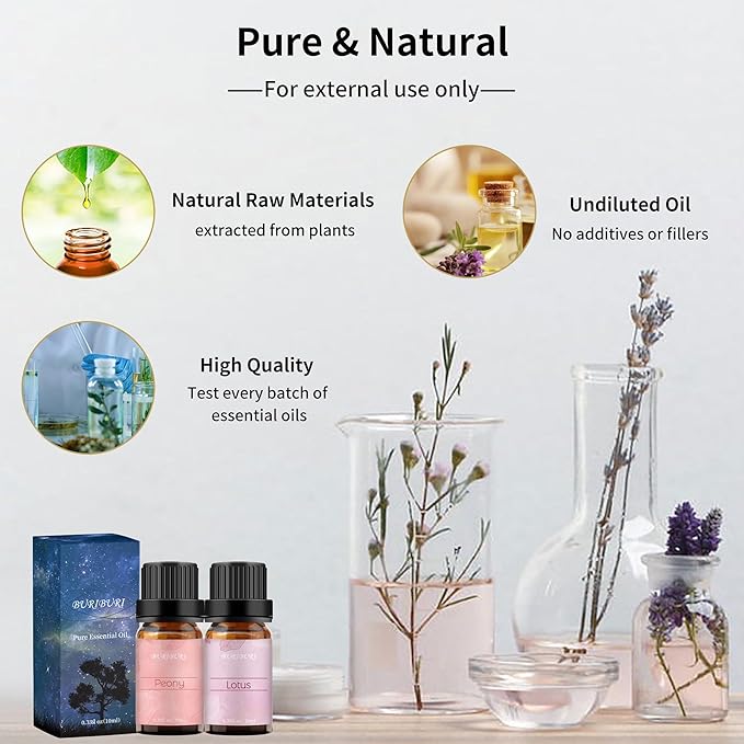 BURIBURI Lotus Essential Oil and Peony Essential Oils Gifts Set 2Pack, 100% Pure Natrual Flower Diffuser Oil for Massage, Soap Making, Skin Care, Soap/Candles Making