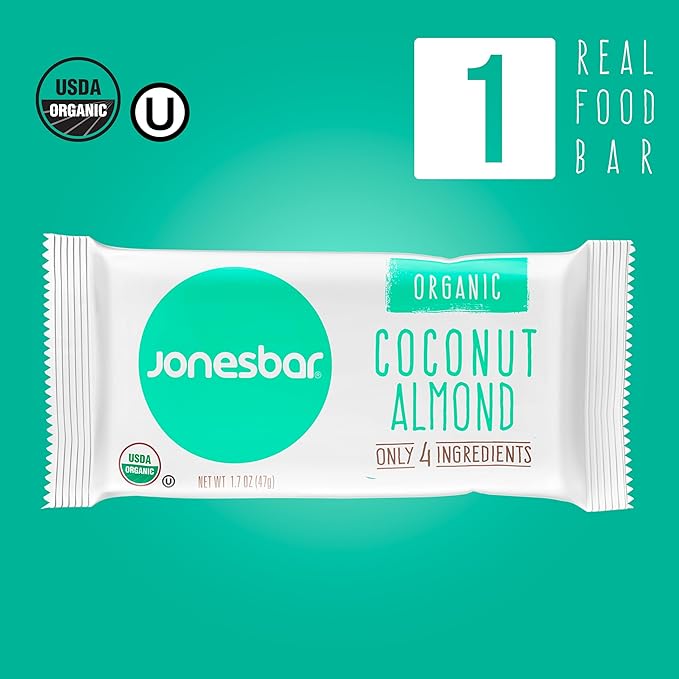 JONESBAR USDA Organic Fruit & Nut Bar, Non-GMO, Kosher, Vegan, Gluten Free, Simple Snack (Coconut Almond, 1 Bar (Pack of 1))