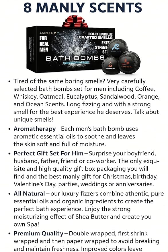 Bath Bombs for Men - Gift Set of 8 Scented Organic Handmade Bath Bombs of 2.5 oz with Natural Essential Oils, Unique Strong Manly Scents, for Boyfriend, Husband, Father or Friend, by ZenseMe