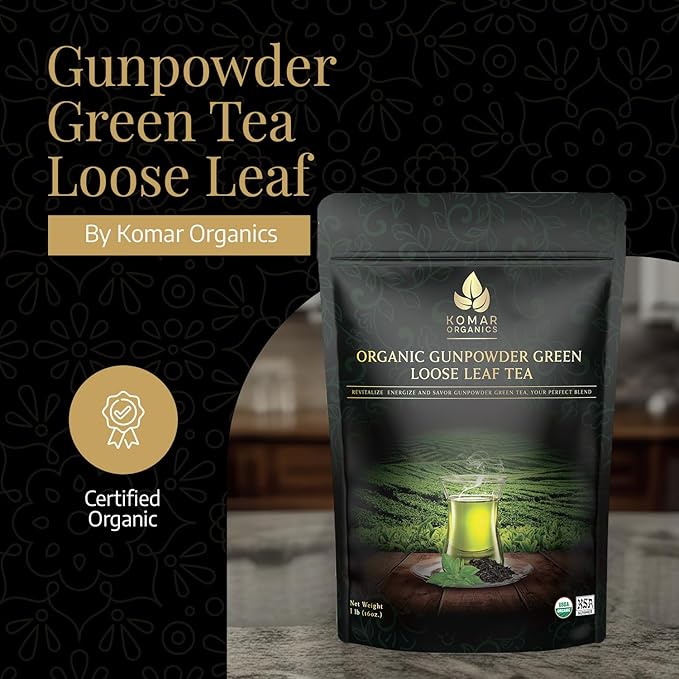 Komar Organics Gunpowder Green USDA Organic Green Tea 16Oz Loose Leaf Deep Smokey Flavor 1 LB, Ideal for Energy Boost, Antioxidants