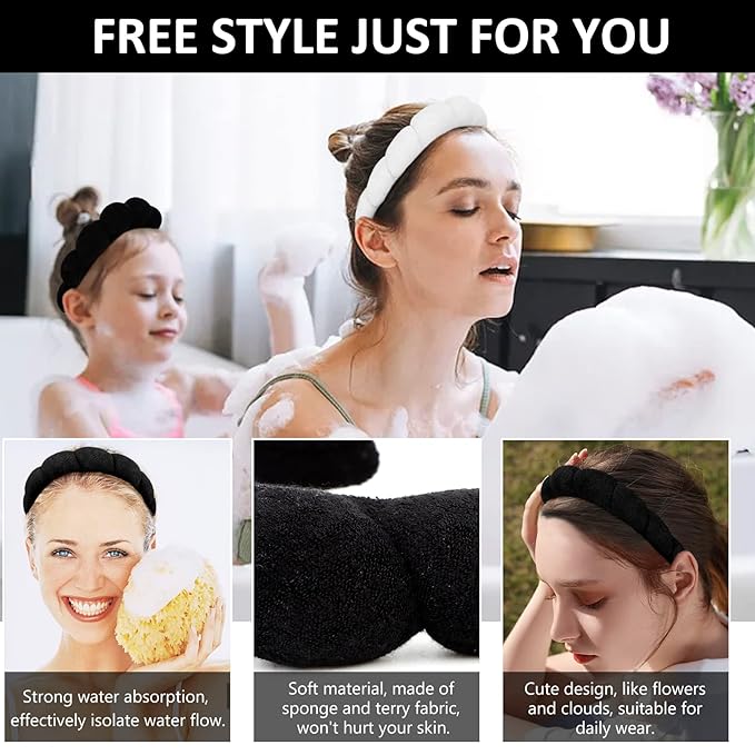 AMCAMI 2 PCS Puffy Spa Headband for Women Sponge Headbands for Girls Terry Towel Cloth Fabric Head Band for Skincare, Makeup Removal, Face Washing, Facial Mask, Shower, Hair Accessories (Black&White)