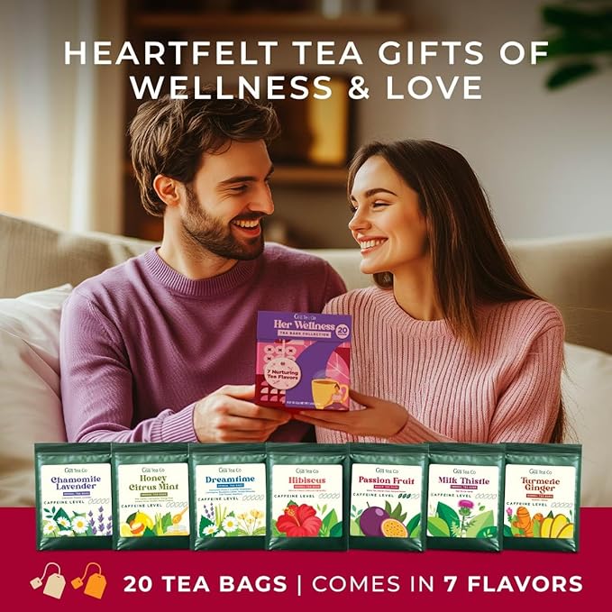 Gya Tea Co Her Wellness Assorted Tea Bags Variety Pack - 20 Bags 7 Seasonal Flavors - Caffeinated & Caffeine Free Holiday Tea Sampler Gift Set Box - Easy Brew, Natural Ingredients, Enjoy Hot or Iced