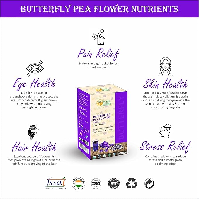 Herbs Botanica Dried Butterfly Pea Flowers For Tea Premium Herbal Tea 100% Clitoria Ternatea Flower Non Toxic, Vegan, Caffiene Free, GMO Free 5.3 oz / 150 gm