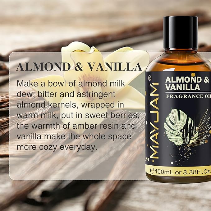 Almond & Vanilla Fragrance Oil Essential Oil, MAYJAM 3.38FL.OZ Almond & Vanilla Oil for Diffusers for Home, Long Lasting Scented Oils for Soap Candle Making - 100ML