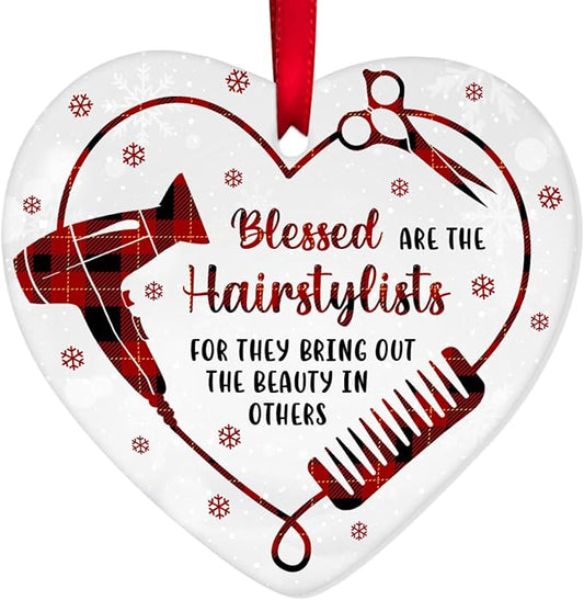 34HD Gifts for Christmas, Hairstylist Christmas Ornament Heart-Shaped Ceramic 2-Side Printed, Hairstylist Gifts Women, Christmas Decorations for Trees
