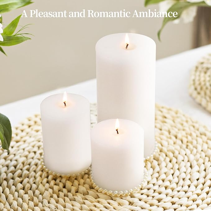 KONNI White Pillar Candles Set of 3, 3"x 6" Unscented Pillar Candles Bulk, 56 Hours Long Burning Candles, Smokeless&Dripless Large Round Candle for Wedding, Home Decoration, Parties, Spas, Dinner