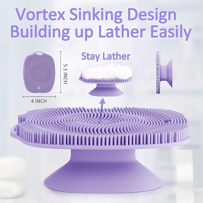 Soft Silicone Body Scrubber, Gentle Like a Hand Exfoliating Your Skin and Build Up Lather Easily, Back Large Suction Cup Easy to Store, Long-Lasting & Deep Clean (Purple)