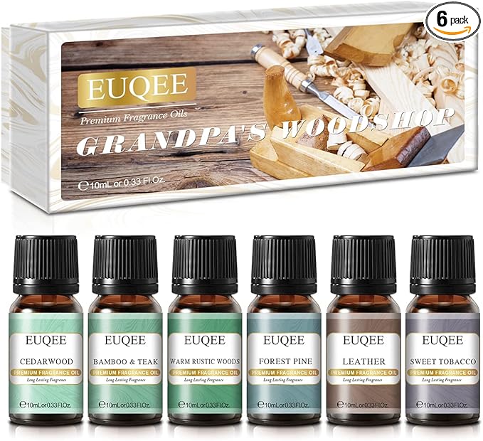 EUQEE Fragrance Oils Gift Set Premium Woody Scented Oil - Forest Pine, Warm Rustic Woods, Bamboo & Teak, Cedarwood, Leather, Sweet Tobacc(Honeyed Haze), for Diffuser, Soap Making, Candle - 6x10ml