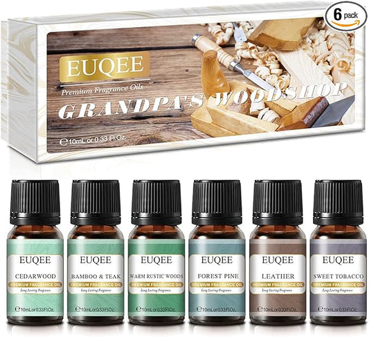 EUQEE Fragrance Oils Gift Set Premium Woody Scented Oil - Forest Pine, Warm Rustic Woods, Bamboo & Teak, Cedarwood, Leather, Sweet Tobacc(Honeyed Haze), for Diffuser, Soap Making, Candle - 6x10ml