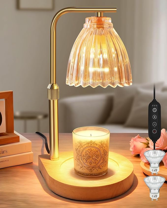 Candle Warmer Lamp with Timer & Dimmer, Height Adjustable Wax Melting Lamp with 2 Bulbs, Safe Flameless Candle Warmer for Home Décor, Gift for Wife, Mom, or Girlfriend, Warm Yellow