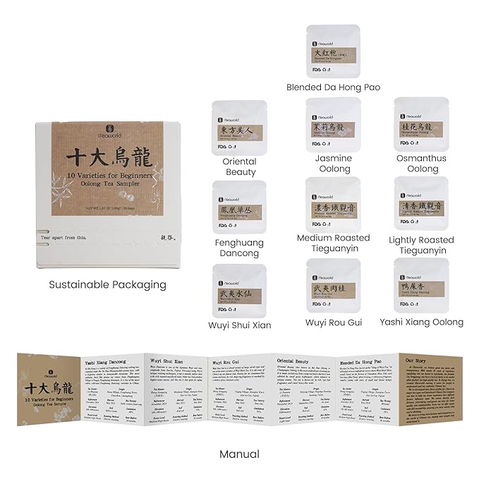 iTeaworld Oolong Tea Collection – Top 10 Classic Oolong Tea Sampler, Chinese Original Leaf Pressed Tea Cakes, 10 Classic Oolong Varieties, No Sugar or Additives, Boxed Beginner Tea Gift Set, 20 Individually Wrapped Mini Tea Cakes, 5g/Piece, 3.52oz