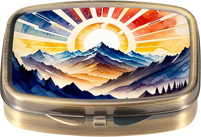Dynippy Pill Case Pill Box with Mirror Retro Pocket 2 Compartment Medicine Case Vitamin Pill Organizer for Pocket Purse and Travel (Retro- Mountain Sunrise)