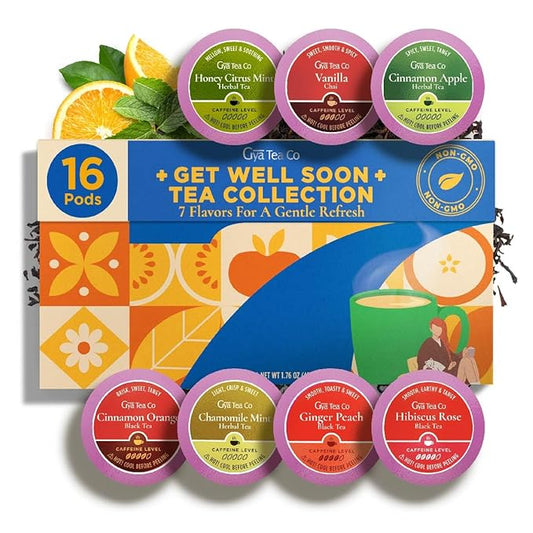 Gya Tea Co Get Well Soon Collection Tea Gift Set (16 ct) - 7 Flavors Assorted Tea Pod Variety Pack with Hibiscus Rose, Cinnamon & Ginger Peach