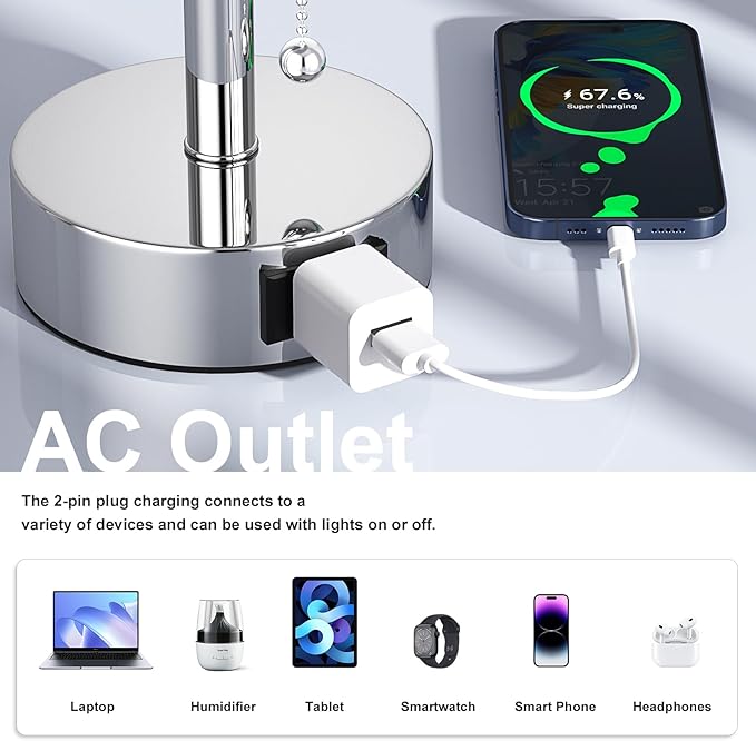 Fenmzee White Silver Bedside Table Lamps Set of 2-3 Color Temperatures Pull Chain Lamp with AC Outlet Charging Port, Two Round Night Stand Lamps for Bedroom, Small Bed Side Light with E26 LED Bulbs