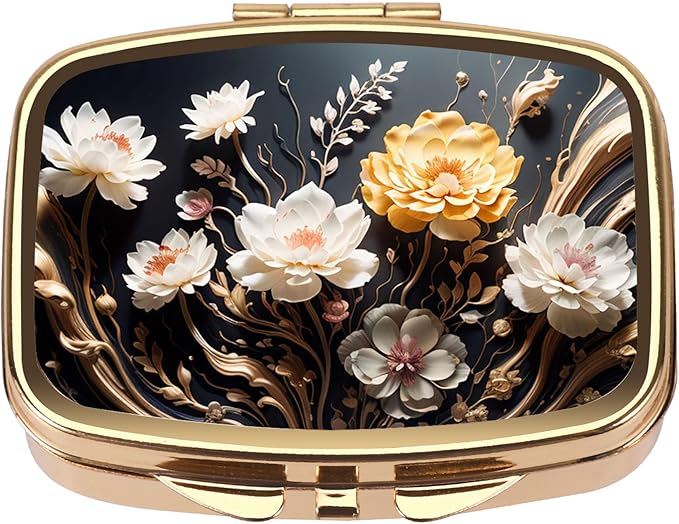 Dynippy Pill Case Pill Box with Mirror Retro Pocket 2 Compartment Medicine Case Vitamin Pill Organizer for Pocket Purse and Travel (Gold- Flower 1)