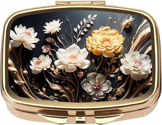 Dynippy Pill Case Pill Box with Mirror Retro Pocket 2 Compartment Medicine Case Vitamin Pill Organizer for Pocket Purse and Travel (Gold- Flower 1)