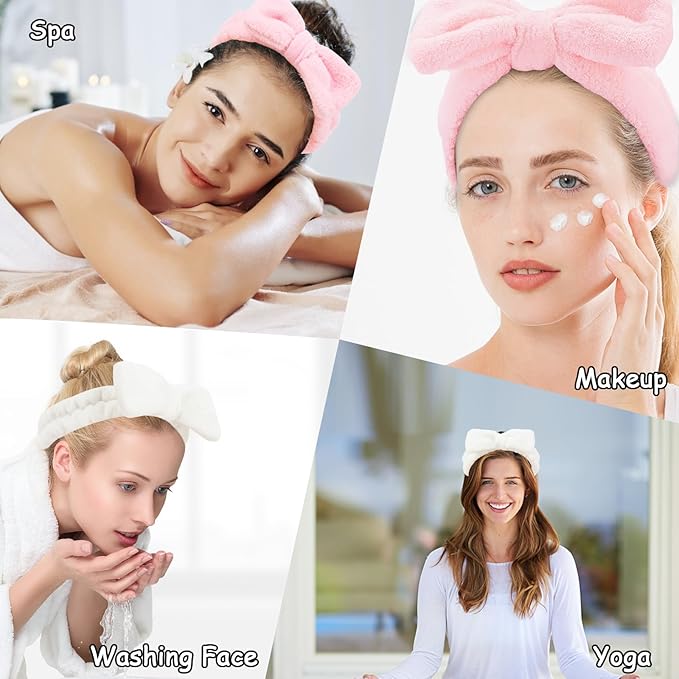 Casoty 8 Pcs Skincare Headbands, Microfiber and Soft Coral Fleece Bow Hair Band for Makeup, Face Washing, Shower, Skin Care, and Yoga