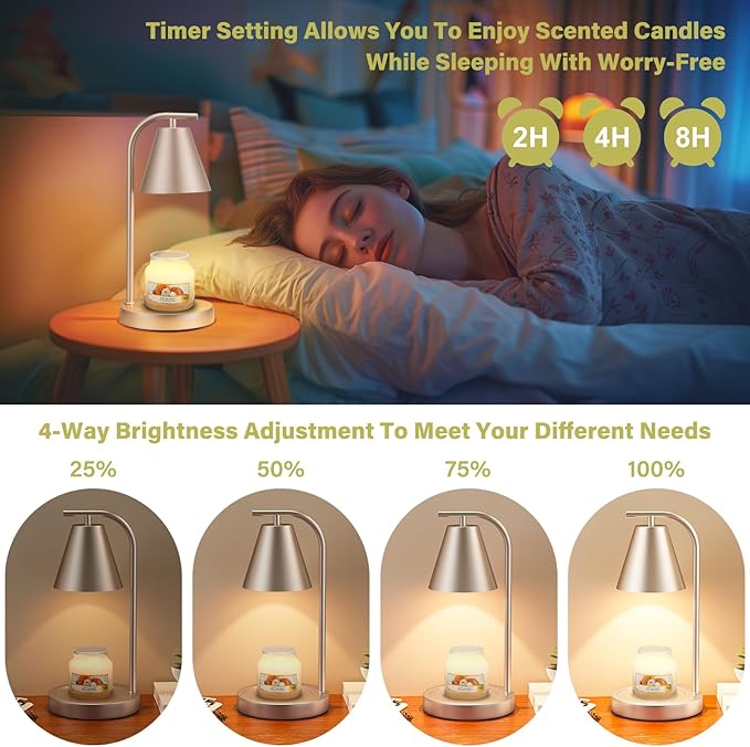 Champage Gold Candle Warmer with Timer - Electric Candle Lamp for Scented Wax with 2 Bulbs - House Warming Gifts for Women