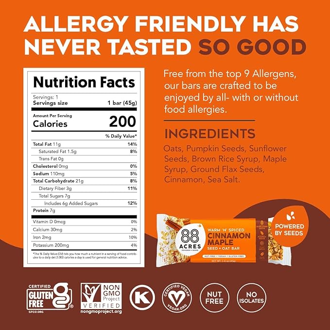 88 Acres Granola Bars | Cinnamon Maple | Gluten Free, Nut-Free Oat and Seed Snack Bar | Vegan & Non GMO | 12 Pack