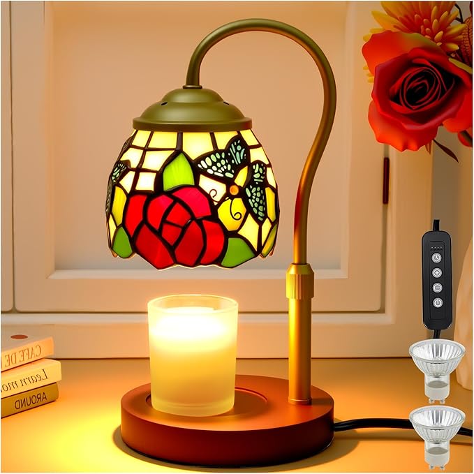 Candle Warmer Lamp with Timer Dimmer, Butterfly Tiffany Style Stained Glass Candle Lamp Warmer, Adjustable Wax Melt Warmer with 2 Bulbs for Small Jar Candles Birthday Gifts for Women Mom Friend