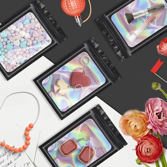 ANZNKU 100 Pcs Smell Proof Mylar Resealable Bags, Holographic Packaging Bags, Resealable Odor Foil Pouch Zip Bag with Clear Window for Food Storage and Lipgloss, Jewelry Lash (Black, 4.7 x 7.9 Inch)