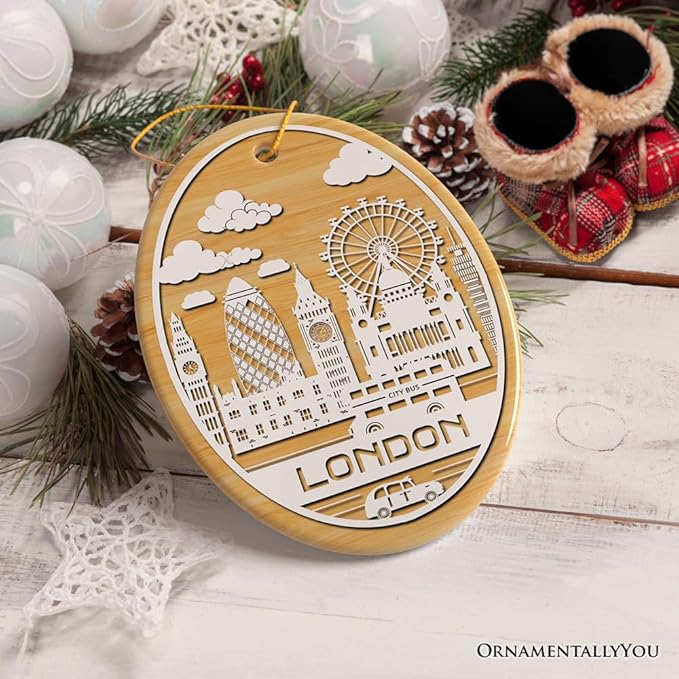 London City Unique Paper Art Themed Ceramic Christmas Ornament (Oval)