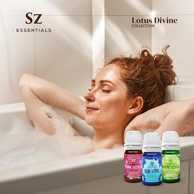 Divine Essential Oils Collection - Blue, Pink, White Lotus - Set of 3 Bottles (0.17 Fl Oz - 5ml Each) - 100% Pure, Natural & Undiluted - Therapeutic Grade & Vegan