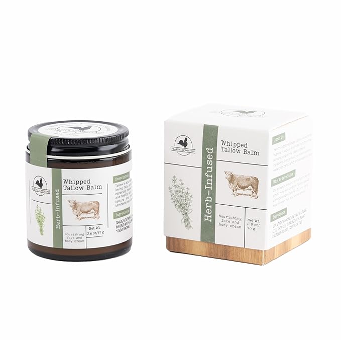 Hearth and Homestead: Handmade Whipped Tallow Balm (Herb-Infused/Unscented) - Large Jar - 2.6 oz
