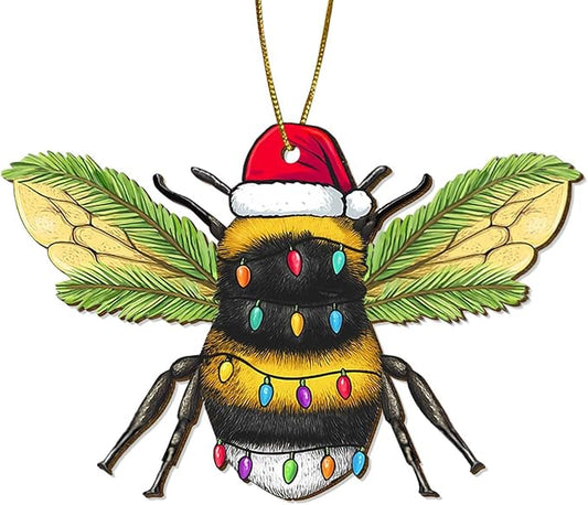 2 Side Printed Flat Christmas Wooden Ornaments, Animal Keepsake Hanging Tree Decoration, Santa Bee Ornament