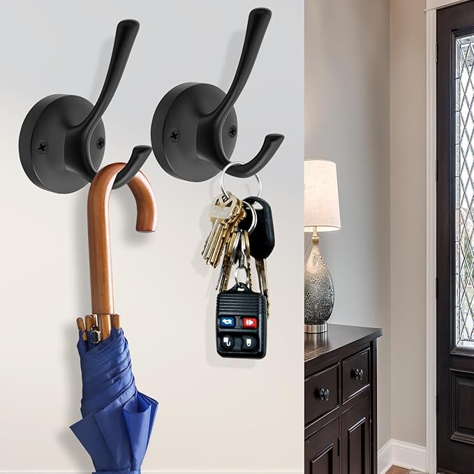 Black Towel Hooks for Wall, 5 Pack Coat Robe Hook Heavy Duty Metal Double Bath Hook Wall Mounted, Hat Hooks for Cubicle Bathroom Kitchen Closet Garage